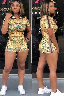Yellow Sexy Fashion Patchwork Print Straight Short Sleeve Two-Piece Short Set