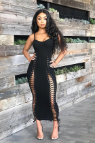Black Sexy Sleeveless Slip Slim Dress Ankle-Length bandage asymmetrical Solid  Club Dresses