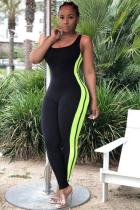 Black Fashion Casual Fluorescent Striped Solid Polyester Sleeveless Slip  Jumpsuits