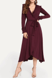 Wine Red Work Heap sleeves Long Sleeves V Neck Asymmetrical Mid-Calf stringy selvedge Solid Long S