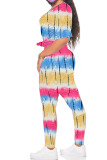 blue and yellow Fashion Casual adult Ma'am Print Tie Dye Two Piece Suits pencil Short Sleeve Two Pieces