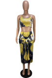 Yellow Polyester Sexy Fashion asymmetrical Print crop top Bandage Two Piece Suits Skinny  Two-Piece Dress