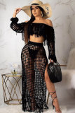 Coffee Polyester Sexy Fashion tassel HOLLOWED OUT perspective Patchwork A-line skirt Long Sleeve 