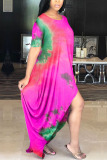 Deep pink Milk. Fashion adult Ma'am Street Cap Sleeve Short Sleeves O neck Princess Dress Floor-Length Print Tie and dye asymmetrical Dresses