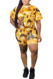 Pink Fashion Sexy adult Ma'am Patchwork Print Two Piece Suits Straight Short Sleeve Two Pieces