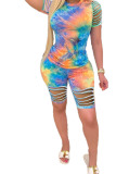 Dark Blue Fashion Sexy Print Tie Dye Burn-out Two Piece Suits pencil Short Sleeve Two Pieces