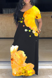 Yellow OL V Neck Floral Print Plus Size Dresses