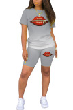 Grey Fashion Casual adult Ma'am Print Gradient Two Piece Suits Lips Print Straight Short Sleeve Two Pieces