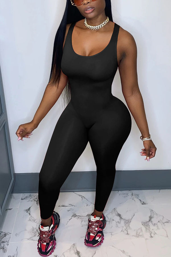 Black Fashion Sexy Solid Milk. Sleeveless O Neck Jumpsuits