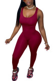 Wine Red Fashion Sexy Solid Milk. Sleeveless O Neck Jumpsuits
