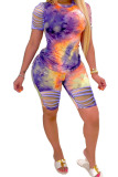 Blue Fashion Sexy Print Tie Dye Burn-out Two Piece Suits pencil Short Sleeve Two Pieces