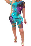 Pink Fashion Sexy Print Tie Dye Burn-out Two Piece Suits pencil Short Sleeve Two Pieces
