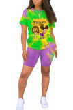 purple venetian Fashion Casual adult Ma'am Patchwork Print Character Tie Dye Two Piece Suits pencil Short Sleeve Two Pieces