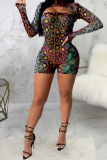 Red Polyester Sexy Patchwork Print Skinny Long Sleeve Two Pieces