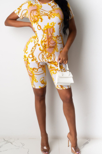 Yellow Casual Print Straight Short Sleeve Two Pieces