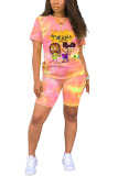 Red venetian Fashion Casual adult Ma'am Patchwork Print Character Tie Dye Two Piece Suits pencil Short Sleeve Two Pieces