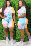 Blue Fashion Sexy adult Ma'am Tie Dye Two Piece Suits Straight Short Sleeve Two Pieces