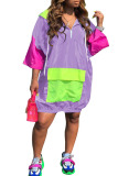 purple Casual Sleeve 3/4 Length Sleeves O neck A-Line skirt Print Patchwork Pocket chain Dresses