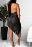 Black blend Tassel backless perspective Hooded Out Sexy Swimwears