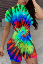 Green Fashion Casual street Print Tie-dyed Short Sleeve O Neck Rompers