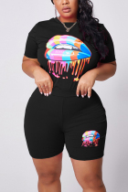 Black Casual O Neck Print Solid Lips Print Plus Size