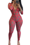 watermelon red Polyester Fashion Sexy adult Ma'am O Neck Print Character Pattern Plus Size 