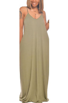 Khaki Polyester Fashion Casual adult Ma'am Spaghetti Strap Sleeveless V Neck Swagger Floor-Length Solid backless Dresses