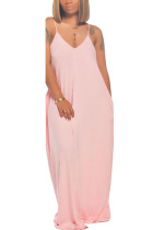Pink Polyester Fashion Casual adult Ma'am Spaghetti Strap Sleeveless V Neck Swagger Floor-Length Solid backless Dresses