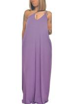 purple Polyester Fashion Casual adult Ma'am Spaghetti Strap Sleeveless V Neck Swagger Floor-Length Solid backless Dresses