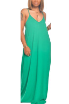 Light Green Polyester Fashion Casual adult Ma'am Spaghetti Strap Sleeveless V Neck Swagger Floor-Length Solid backless Dresses