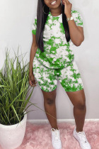 Green Polyester Fashion Casual adult Ma'am Patchwork Print Two Piece Suits Straight Short Sleeve Two Pieces