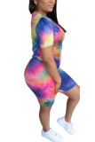 Fluorescent green Spandex Fashion Casual adult Ma'am O Neck Geometric Tie Dye Two Piece Suits Stitching Plus Size 