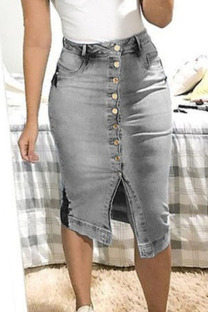 Grey Denim Button Fly Mid Solid Asymmetrical pencil Capris Bottoms