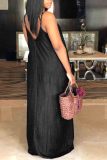 Black Fashion Casual Spaghetti Strap Sleeveless V Neck A-Line Floor-Length Old washing Dresses