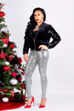 Red Polyester Mid Sequin Straight Pants 