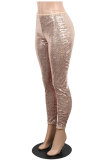 Green Polyester Mid Sequin Straight Pants 