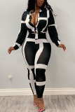 Black Fashion Casual adult Ma'am Turndown Collar Striped Stitching Plus Size