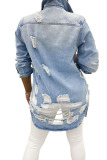 Light Blue Turndown Collar Solid Hole Old washing The cowboy Pure Long Sleeve Outerwear