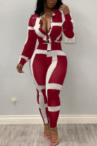 Red Fashion Casual adult Ma'am Turndown Collar Striped Stitching Plus Size