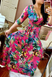 Red Modaier Fashion adult Ma'am Lightly cooked Cap Sleeve 3/4 Length Sleeves V Neck Swagger Floor-Length Print Dresses