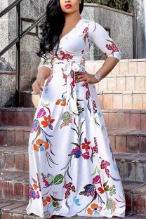 White Modaier Fashion adult Ma'am Lightly cooked Cap Sleeve 3/4 Length Sleeves V Neck Swagger Floor-Length Print Dresses