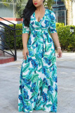 Green Modaier Fashion adult Ma'am Lightly cooked Cap Sleeve 3/4 Length Sleeves V Neck Swagger Floor-Length Print Dresses
