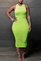 Fluorescent green Fashion adult Ma'am Sweet Tank Sleeveless O neck Hip skirt Mid-Calf Solid Draped backless Dresses