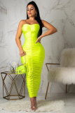Yellow Fashion Sexy Off The Shoulder Sleeveless Wrapped chest Pleated Ankle-Length Draped Patchwo