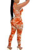 Orange Fashion Sexy adult Ma'am Print Tie Dye Zippered Two Piece Suits pencil Sleeveless Two Pieces