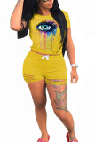 Yellow venetian Fashion Casual adult Ma'am Print Two Piece Suits Eyes Printed pencil Short Sleeve Two Pieces