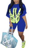 Blue Polyester Fashion Casual adult Ma'am Print Two Piece Suits pencil Half Sleeve Two Pieces