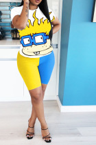 blue and yellow Polyester Casual Patchwork Print Character contrast color Straight Short Sleeve Two Pieces