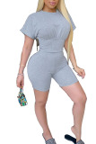 Blue Fashion Casual adult Ma'am Patchwork Solid Two Piece Suits pencil Short Sleeve Two Pieces