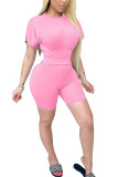 Pink Fashion Casual adult Ma'am Patchwork Solid Two Piece Suits pencil Short Sleeve Two Pieces